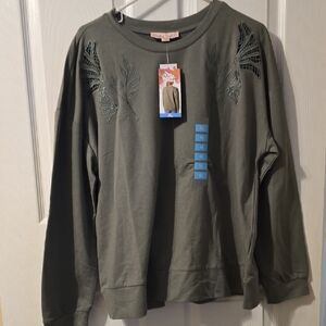 Embroidered Olive Green Long Sleeve Top